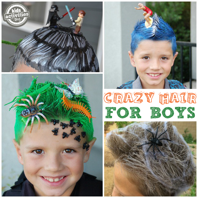 Crazy Hair Ideas for Boys for Crazy Hair Day - 4 peinados locos mostrados - Star Wars Epic Battle Hair, Surfing Hair, Bug Hair y Spider Hair